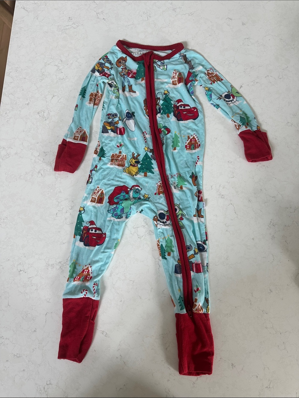Little Sleepies Light Blue Holiday Character Footed One-Piece with Red Trim